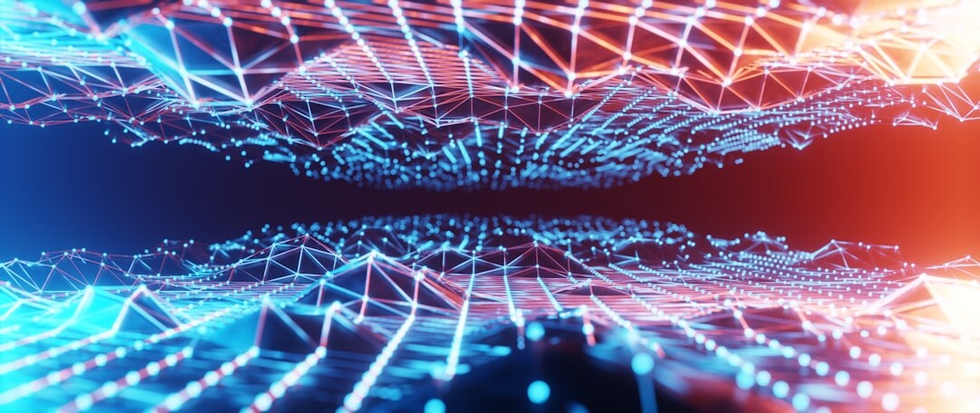 Digital technology concept with glowing connected nodes representing global network