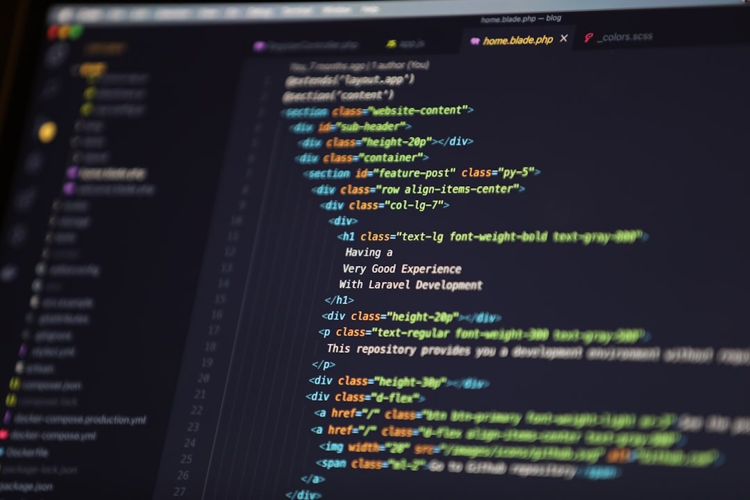 Colorful programming code on computer monitor closeup